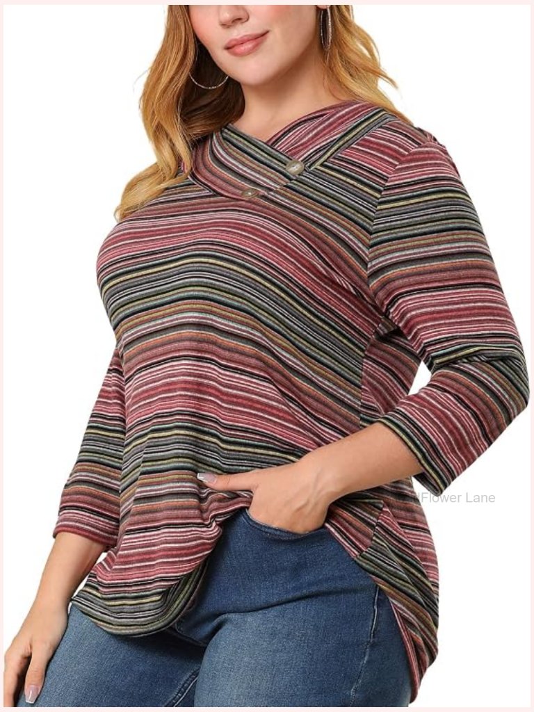 Plus Size 3/4 Sleeve Knit Stripe Asymmetric Neck Blouse Tunic Top